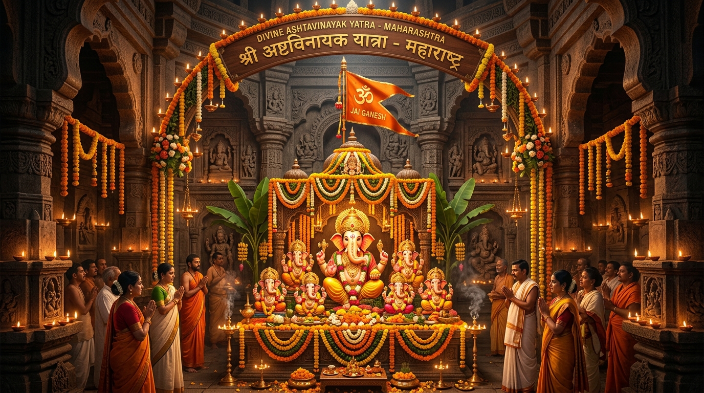 The 8 sacred Ashtavinayak Ganpati temples of Maharashtra with divine golden altar and saffron flag