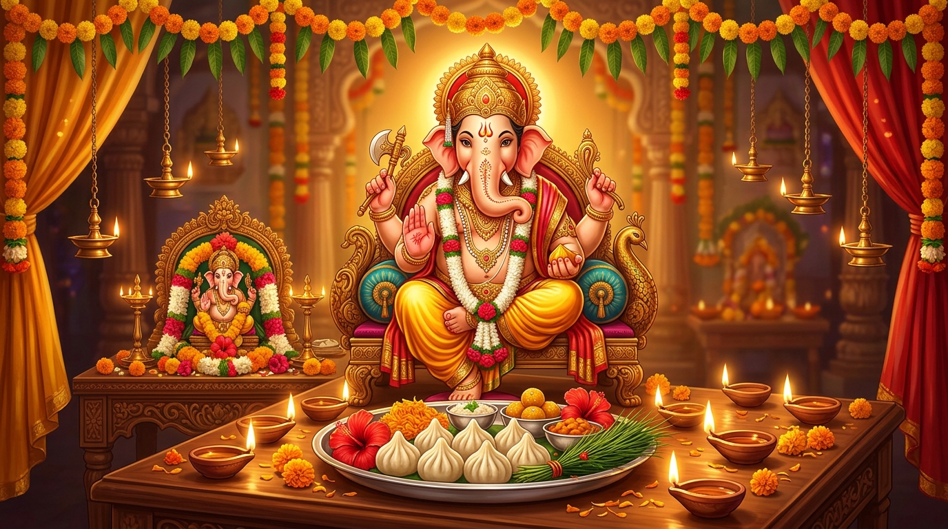 Lord Ganesha festive altar with clay diya, modak prasad and durva grass for Ganesh Chaturthi 2026